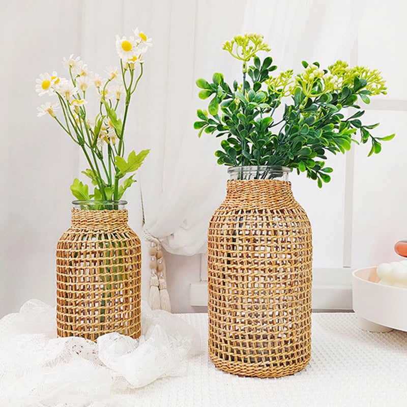 Straw Woven Glass Dry Vase Japanese Glass Vase with Rope Net Home Decoration Ornaments Vase Living Room Office Bedroom