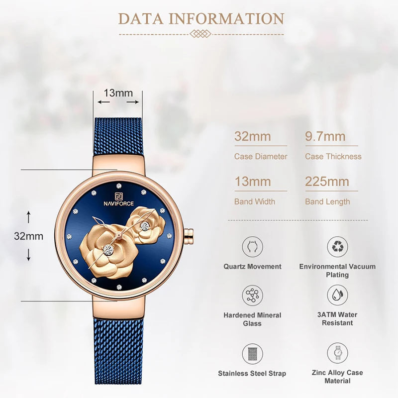 Women Watch NAVIFORCE Top Luxury Brand Steel Mesh Waterproof Ladies Watches Flower Quartz Female Wristwatch Charming Girl Clock