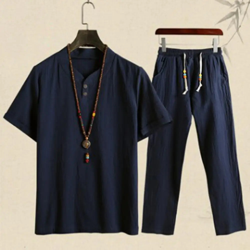 Summer Fashion Men Shirts Trousers Set Cotton And Linen Shirts Short Sleeve Men's Casual Top Pants Men Outfit M-4XL