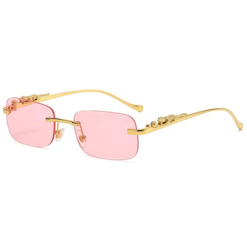 New Rimless Rectangle Vintage Metal Leopard Head Sunglasses Fashion Frameless Tinted Glasses Shades for Women Men