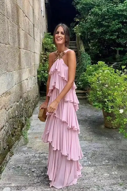 Unique Neckline Tiered Long Party Dress