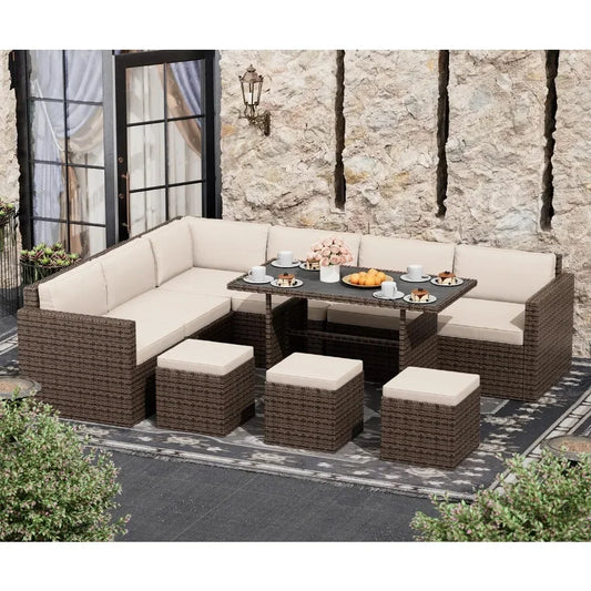 Outdoor Furniture Patio Sectional Sofa, 7 Piece Patio Furniture Set,  All Weather PE Rattan Outdoor set with Cushions and Table