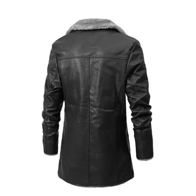 2023 Men Winter Long Thick Fleece PU Leather Jacket New Winter Fashion Suit Collar Men's Windbreaker Leather Jacket Coats