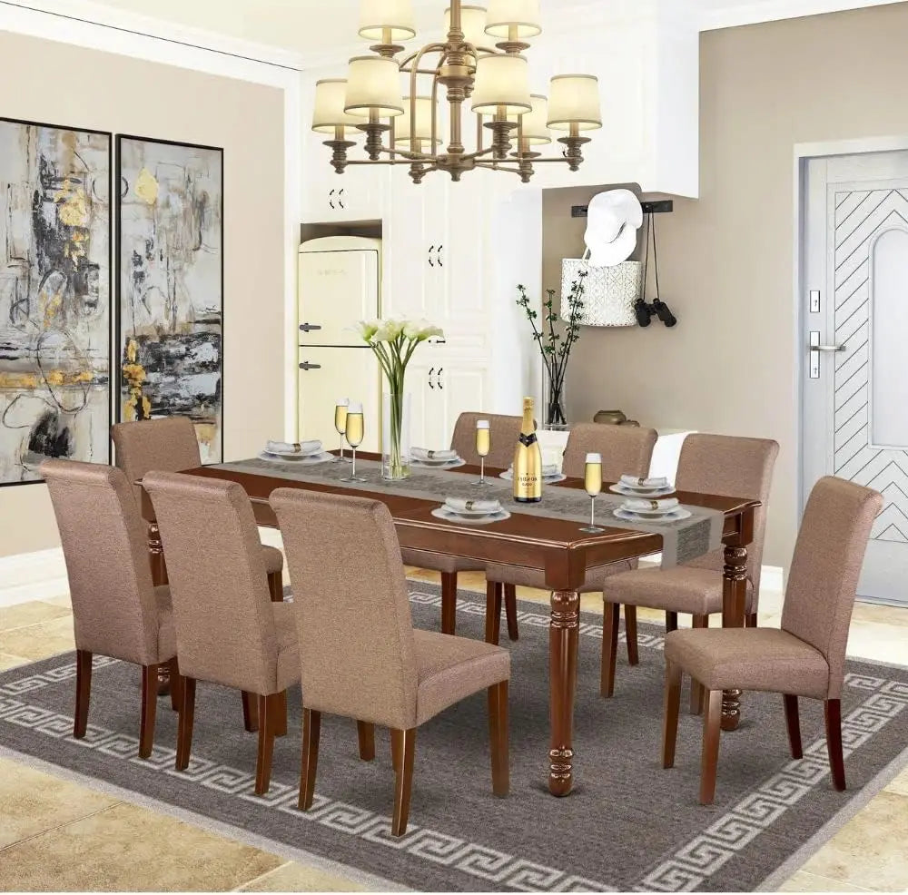 9 Piece Modern Dining Table Set Includes Rectangle Wooden Table with Butterfly Leaf and 8 Brown Linen Linen Fabric Parson Chairs