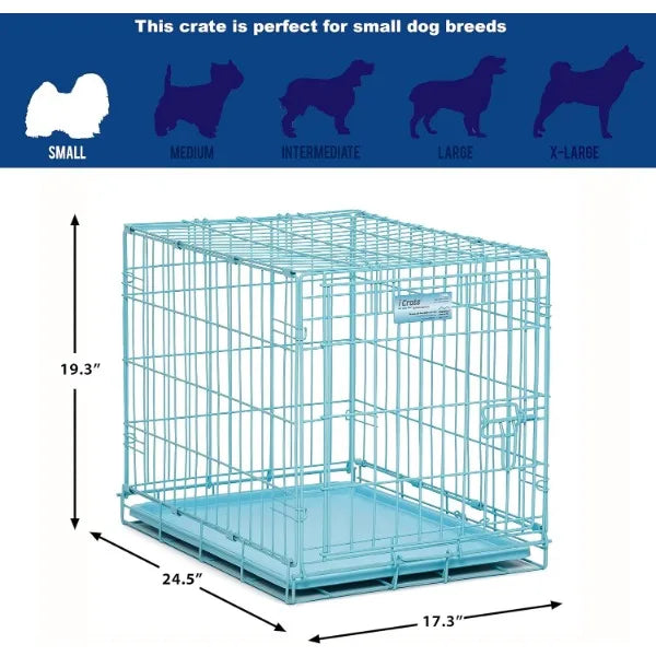 MidWest Homes for Pets Single Door Blue Folding Metal Dog Crate w/ Divider Panel, Floor Protecting 'Roller' Feet & Leak