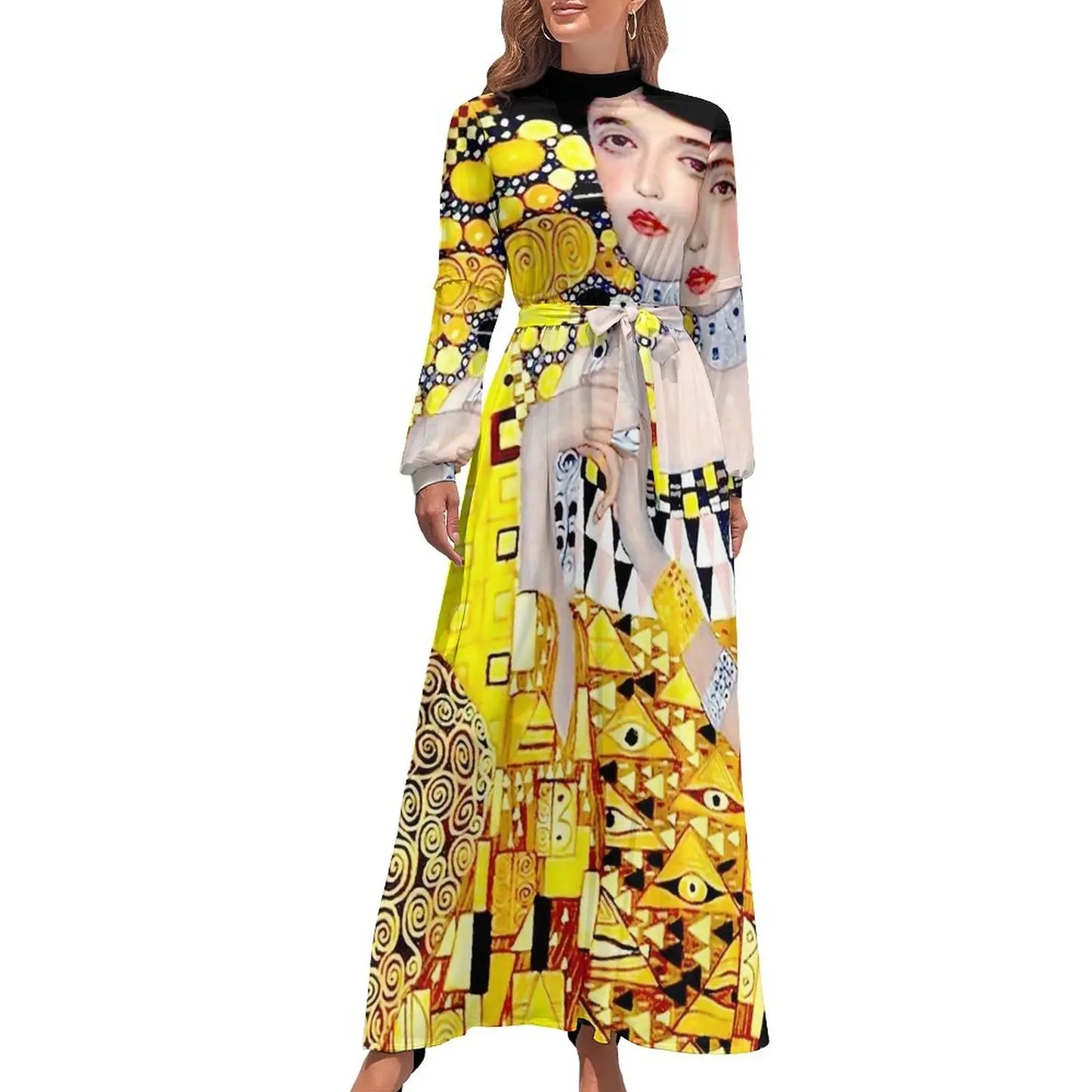 Klimt Art Dress High Neck Adele Gallery Custom Bohemia Dresses Long Sleeve Street Fashion Long Maxi Dress Cute Vestido