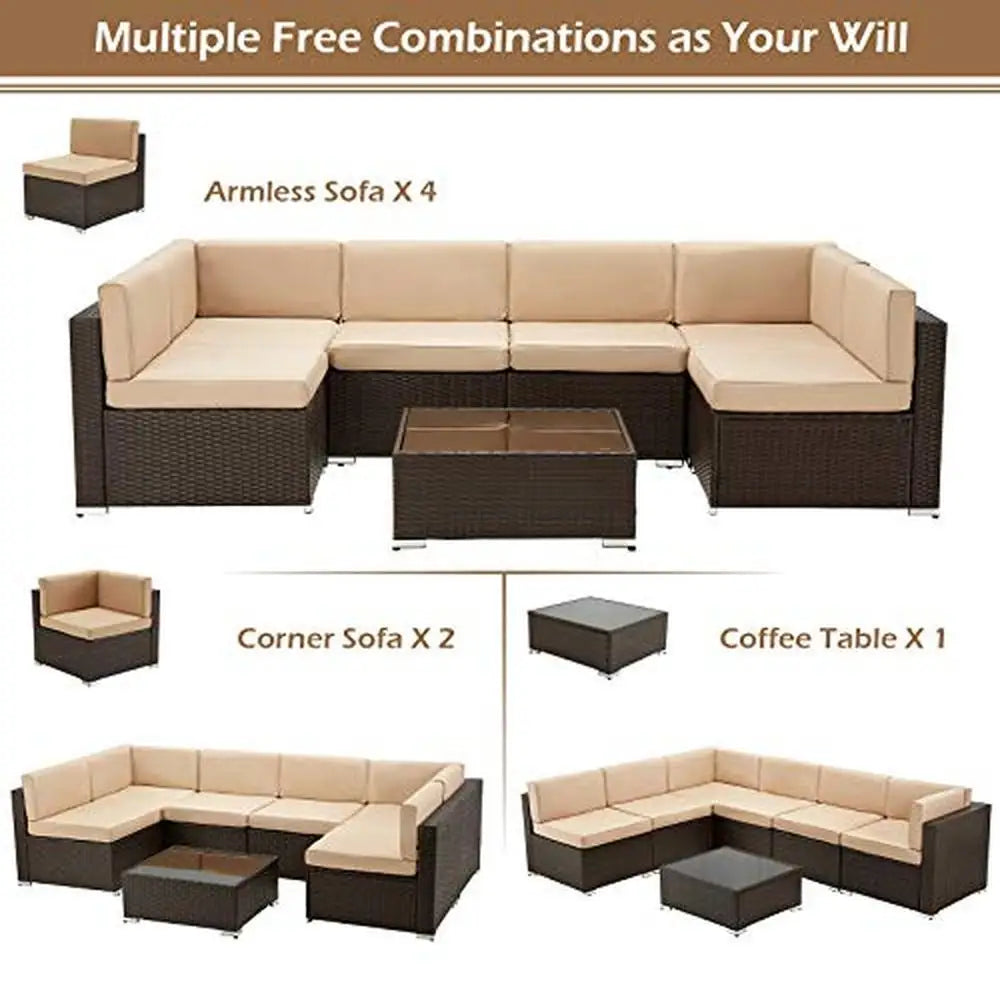 Outdoor Patio Furniture Set 7 Piece PE Rattan Wicker Sofa Sectional Set with Cushions & Tea Table Brown Khaki Poolside Deck