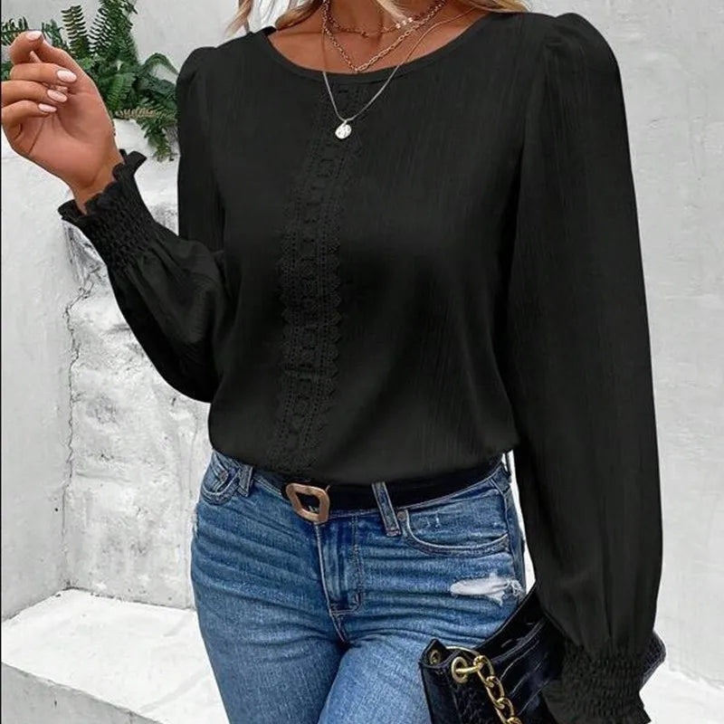 Elegant Women's Long Sleeved Shirt Spring/Summer 2024 Round Neck Casual Solid Color Blouse Office Lady Clothing S-2XL