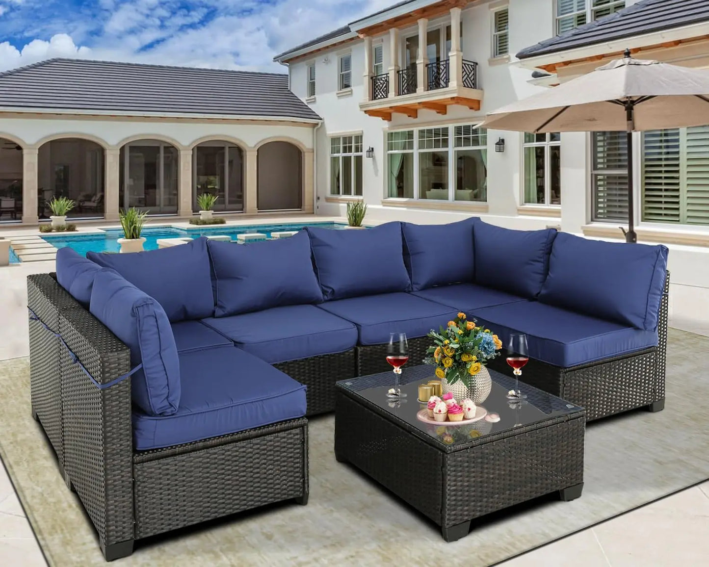 PE Rattan Outdoor Furniture Patio Conversation Set with Cushions for Balcony Lawn and Garden (Brown-Navy, 7 pcs w/Table)