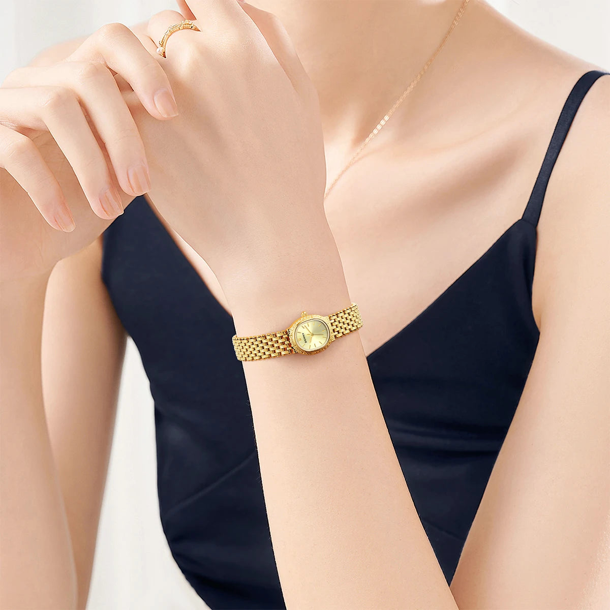 BERNY Women Quartz Watch Gold Small Dial Wristwatch Luxury Elliptical Wristwatch Waterproof Simple Retro Dress Watch for Women