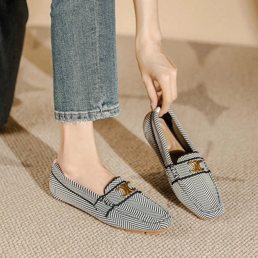 Women's Knitting Square Head Flat Shoes Soft Sole Comfortable Anti slip Casual Bean Causal Shoes 2024 Fashion New Spring