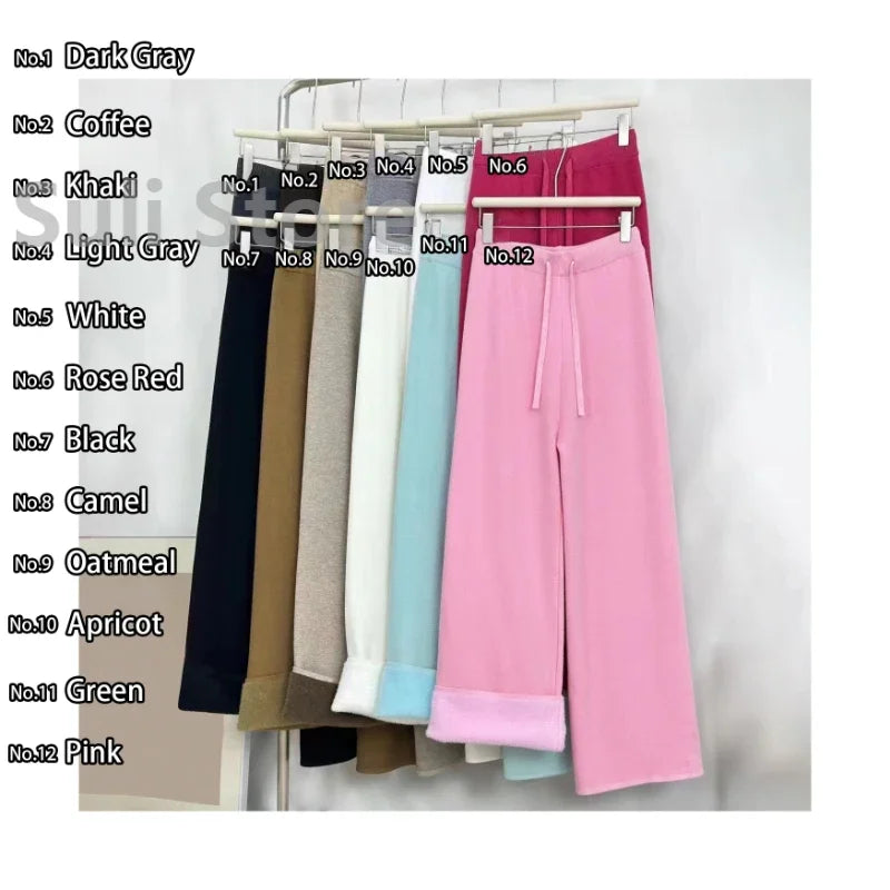 2023 Slim Simple Knit Wide-leg Pants Women's Autumn and Winter High-waisted Moped Pants Thick Casual Pants Straight