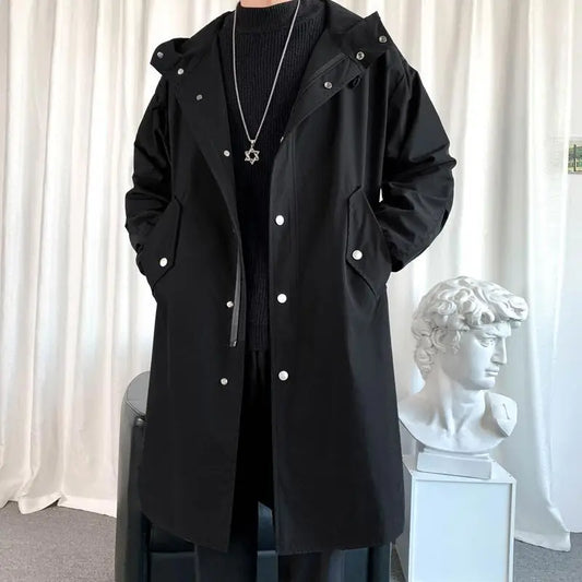 2023 Men's Windbreaker Jacket Long Trench Oversize Loose Streetwear Hooded Vintage Black Coats High Street Casual Male Outerwear