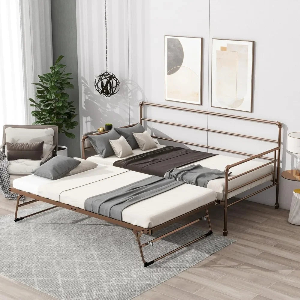 Twin Daybed with Trundle Bed Twin, Metal Daybed with Pop Up Trundle Bed Frame , Day with Pull Out for Home