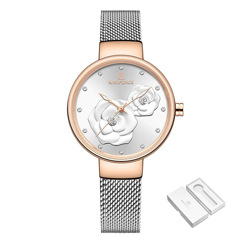 Women Watch NAVIFORCE Top Luxury Brand Steel Mesh Waterproof Ladies Watches Flower Quartz Female Wristwatch Charming Girl Clock