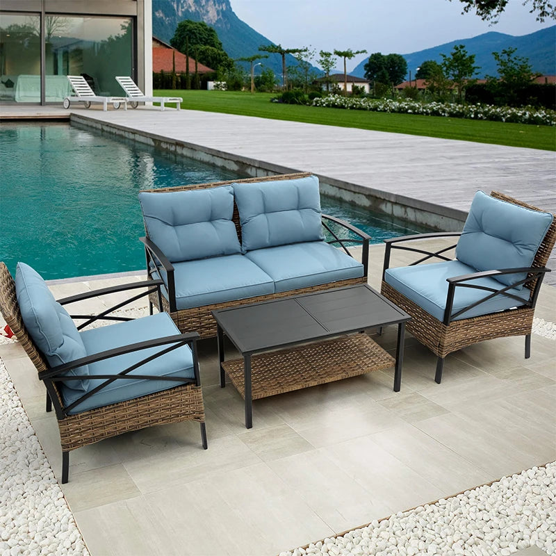 Patio 4 piece sectional low dining conversation sofa set- KD rattan wicker outdoor garden furniture corner sofa set with cushion