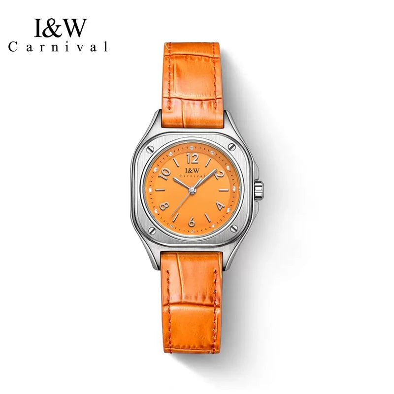 Carnival Brand I&W Series Fashion Pink Quartz Watch Women Luxury High Quality Leather Waterproof Women Wristwatches for Womens