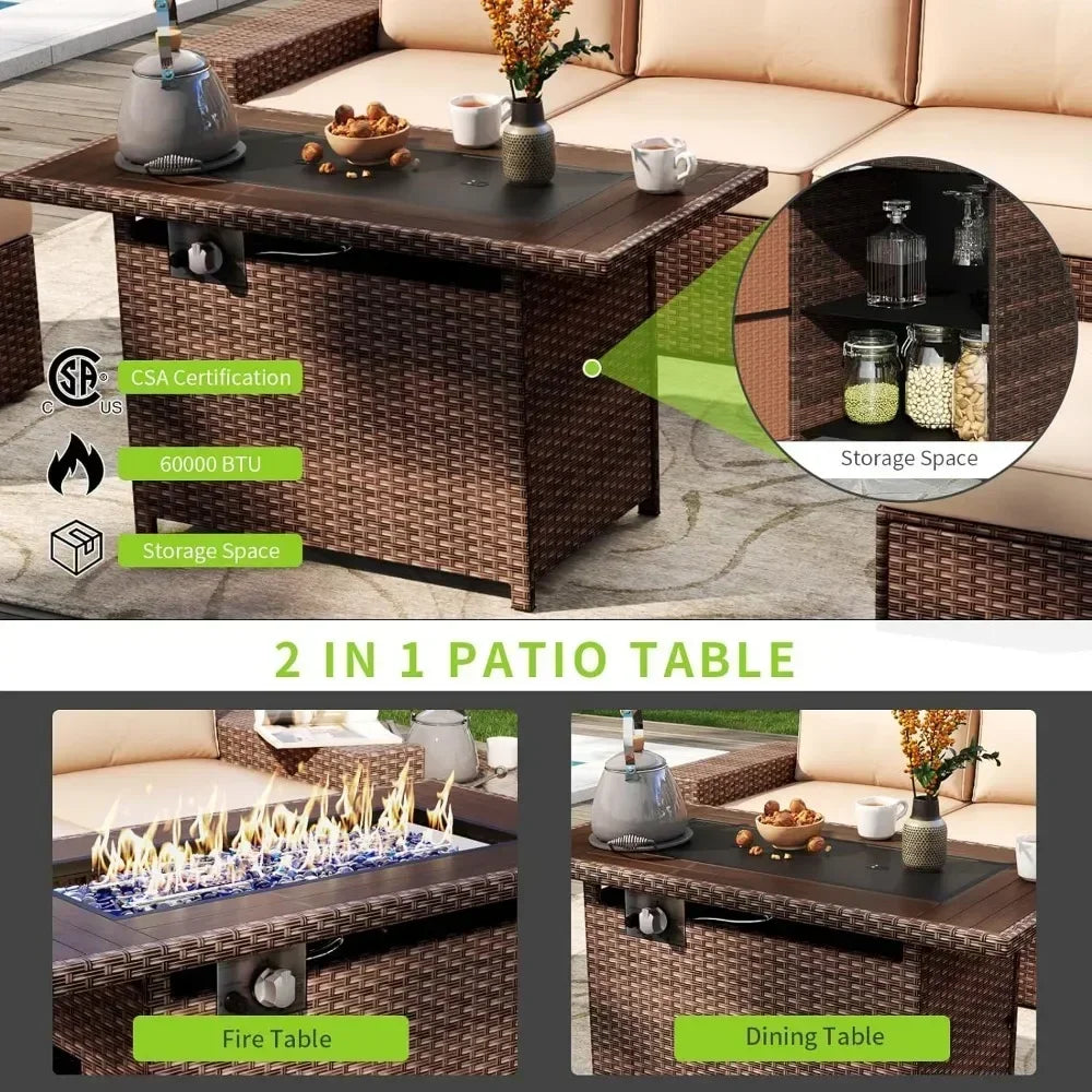 Outdoor Patio Furniture 7 Piec Set with 44” Fire Pit Table & Include Waterproof Cover with Cushions, Outdoor Furniture Set