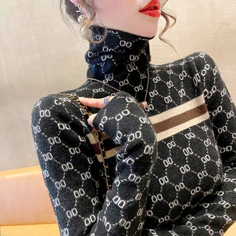 Women Clothing Fashion Striped Turtleneck Sweaters Autumn Winter Letter Jacquard Knit Pullovers Elastic Slim Soft Wool Tops