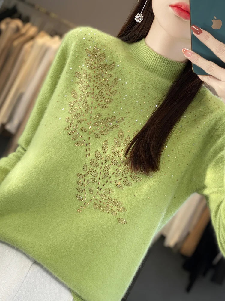 Women Autumn Winter Pure Wool Thickening Sweater Half-high Collar Leaf studded With Diamonds Pullover Female Knitted Basis Top