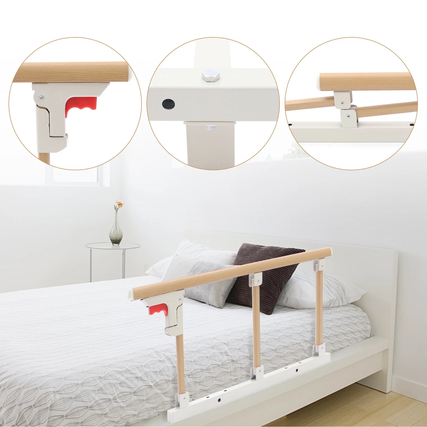 Bedside Foldable Wooden Bed Rail for Elderly Easy to Assemble, Bed Rail Safety Frame for Seniors Pregnant Patients, Bed Handrail