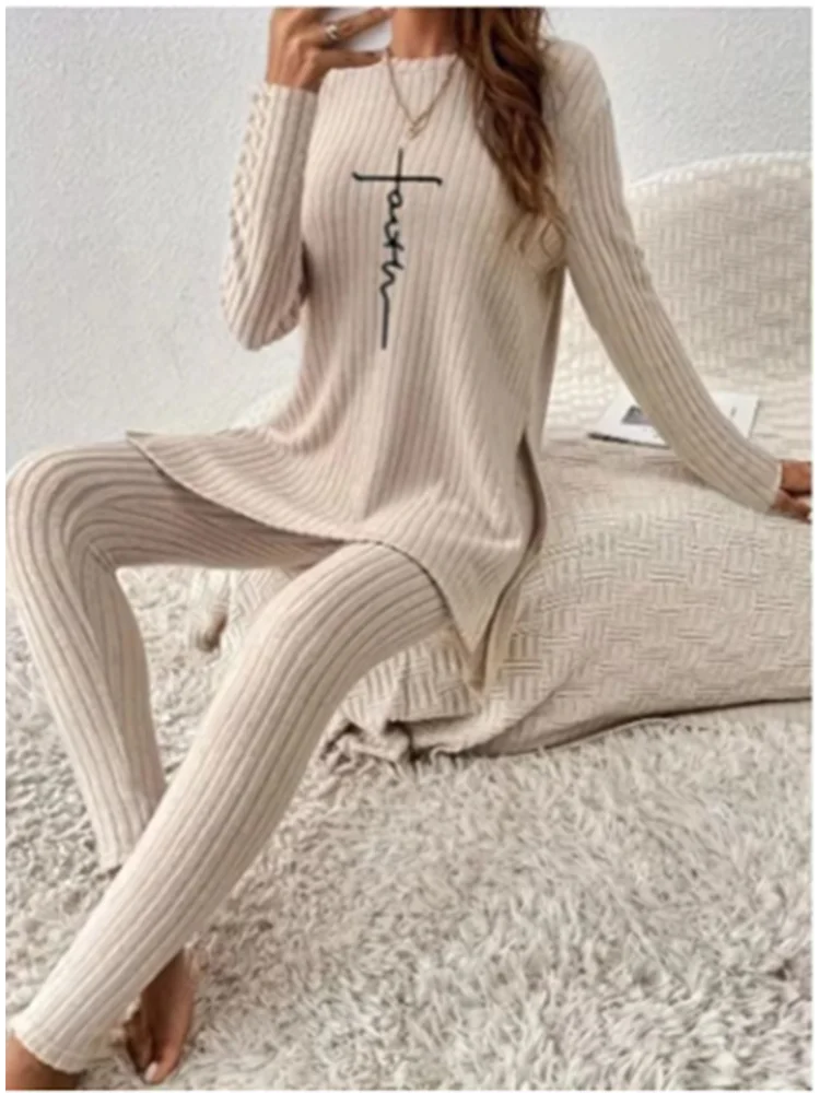 Women's Casual Ribbed Pants Set, Long Sleeved, Slim Fit, Monochromatic, Slit, Autumn, Winter Clothes