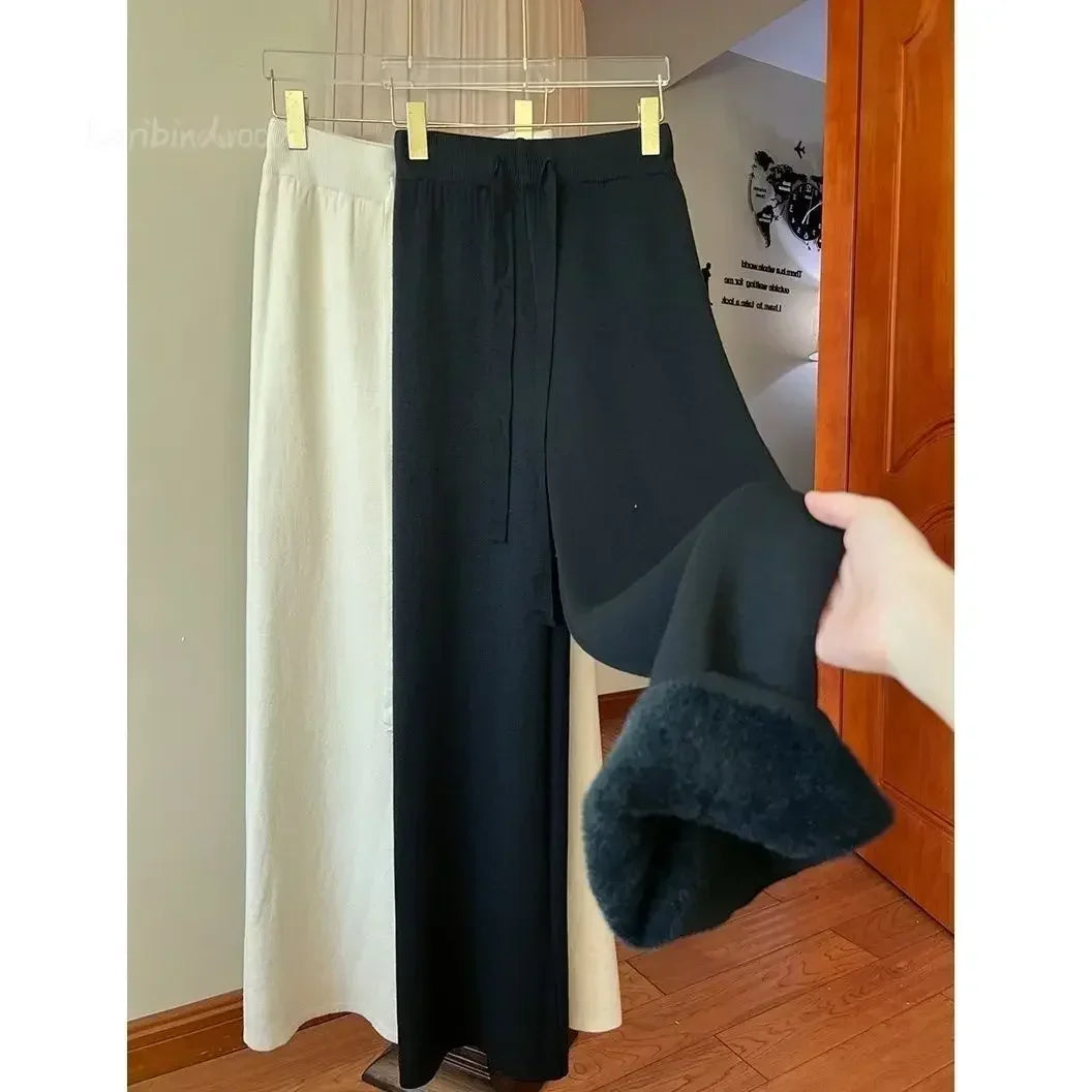 2023 Slim Simple Knit Wide-leg Pants Women's Autumn and Winter High-waisted Moped Pants Thick Casual Pants Straight