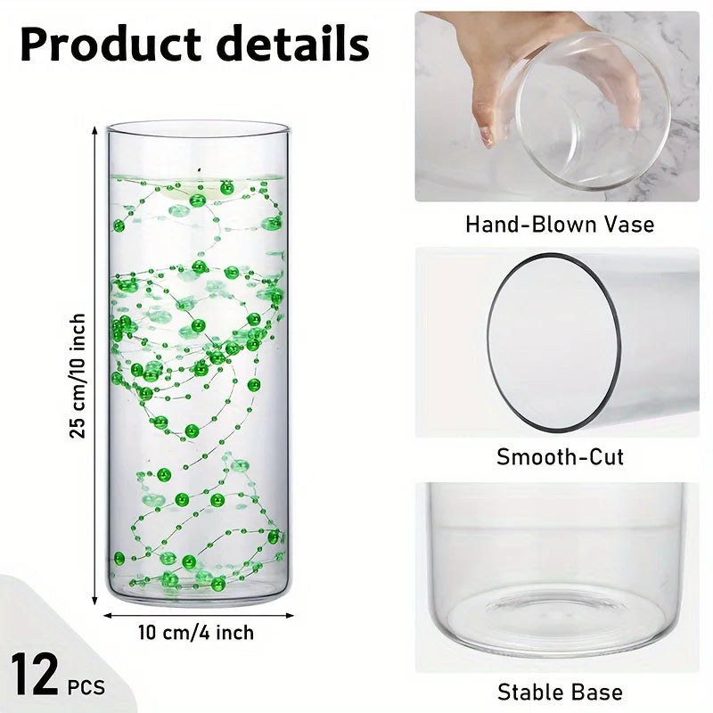 12-Piece Glass Cylinder Vase Set, Clear Vase Tall Floating Candle Holder, Dining Table Home Wedding Decorations Formal Dinner