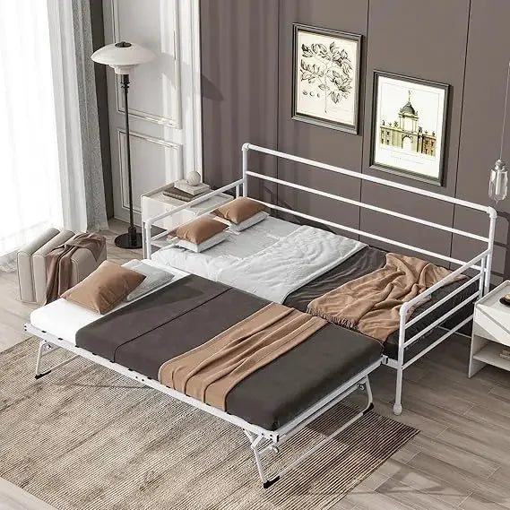 Twin Daybed with Trundle Bed Twin, Metal Daybed with Pop Up Trundle Bed Frame , Day with Pull Out for Home