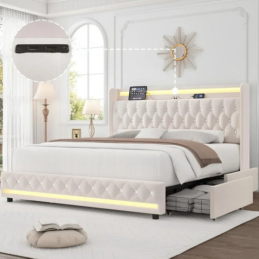 King LED Bed Frame with Charging Station and 4 Storage Drawers, Velvet Upholstered Platform Bed