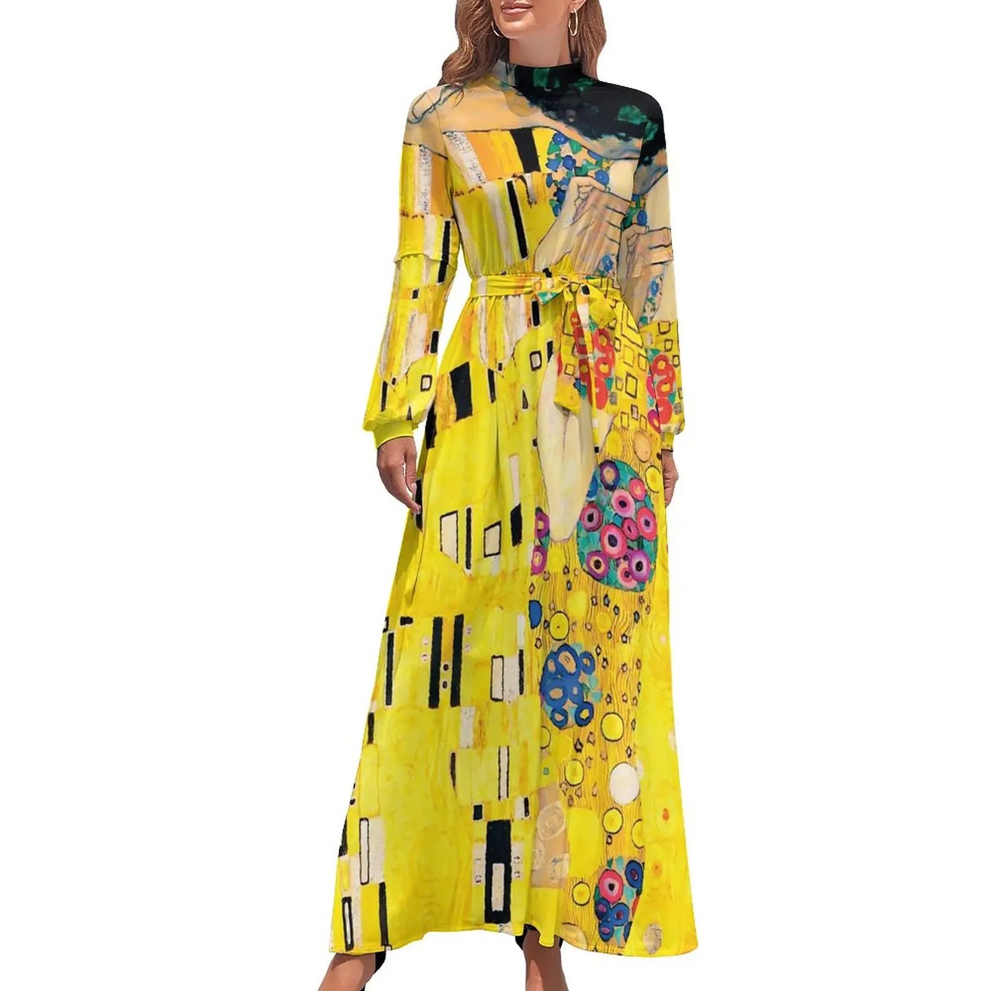 Klimt Art Dress High Neck Adele Gallery Custom Bohemia Dresses Long Sleeve Street Fashion Long Maxi Dress Cute Vestido