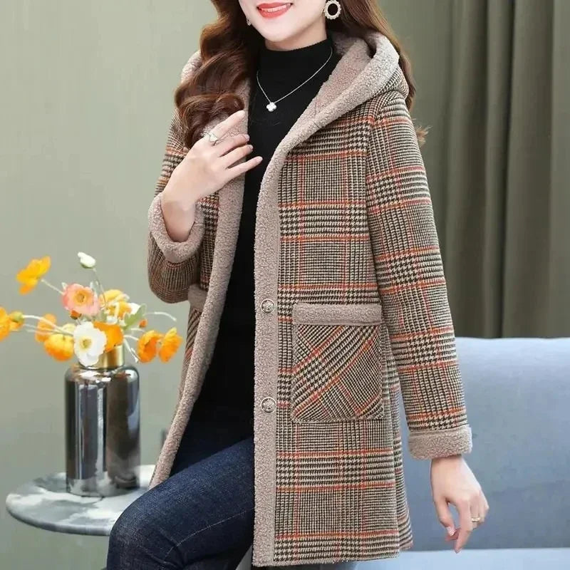 Add Velvet Plaid Coat Female Tops Middle Aged Women's Mid-Length Cotton-Padded Jackets Winter Hooded Warm Cold-Proof Overcoat