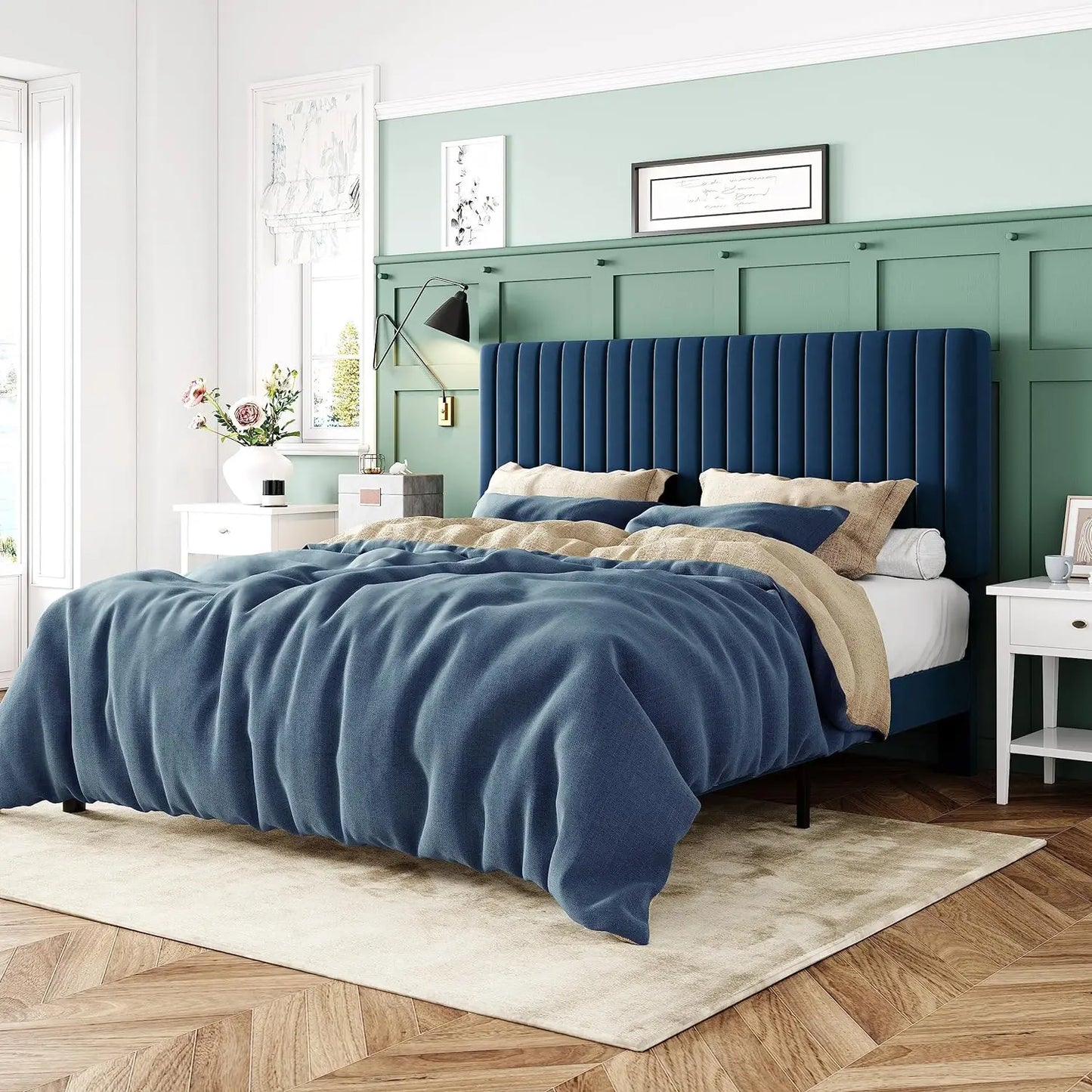 Queen Bed Frame, Velvet Upholstered Platform Bed with Adjustable Vertical Channel Tufted Headboard, Mattress Foundation