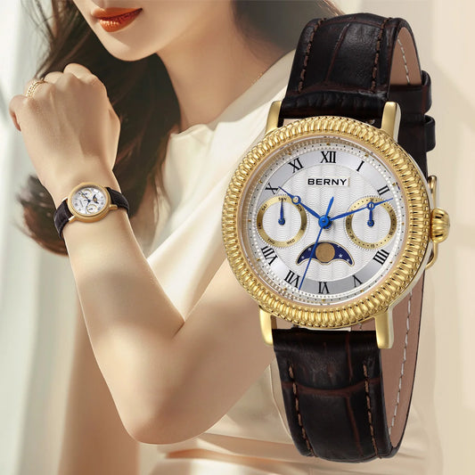 BERNY Watches for Women Week Calendar Sapphire Luxury Dress Ladies Gold Quartz Watch Elegant Vintage Moon Phase Wristwatch Gifts