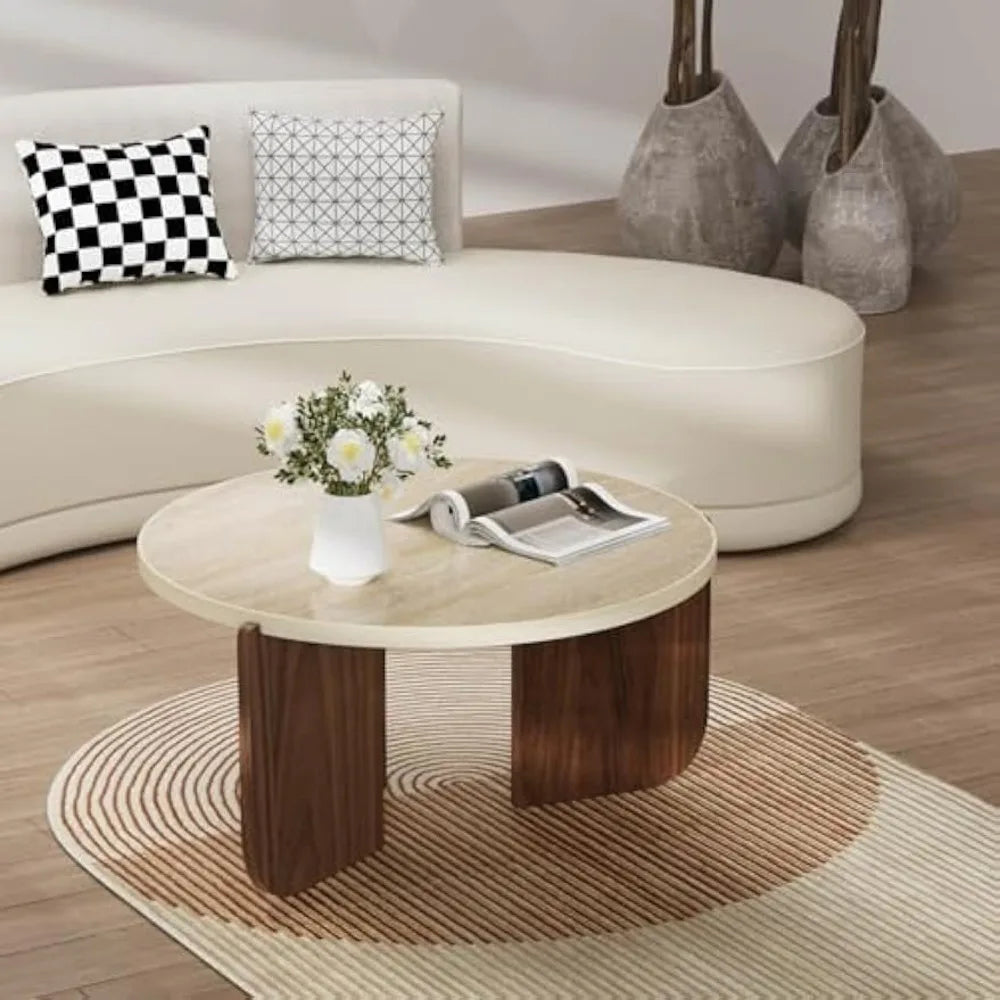 Round Travertine Texture Coffee Table – 28.4” Stone Coffee Table, Modern Design, Durable, Minimalist