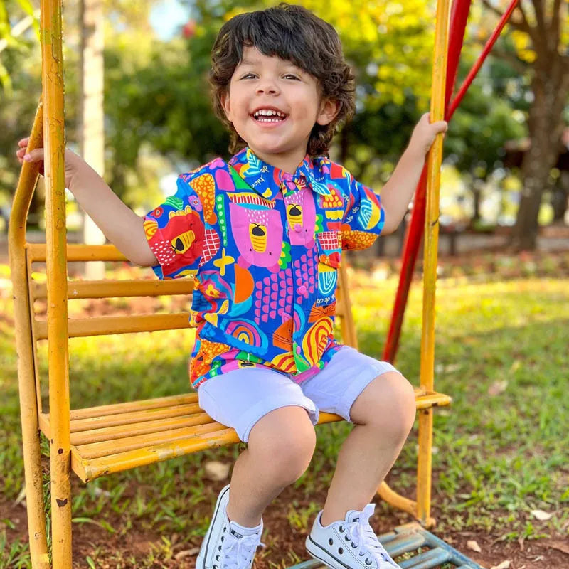 Qunq 2023 Spring Summer Ins New Boys Turn-Down Collar Print Short Sleeve Single Breasted Shirts Casual Kids Clothes Age 3T-8T