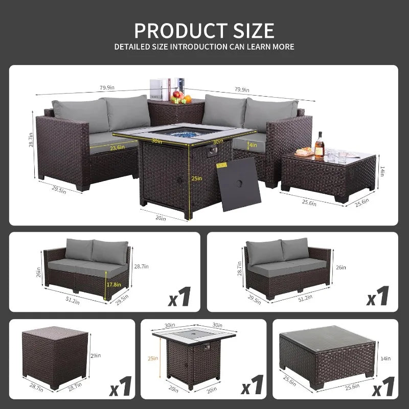 Patio Furniture Set PE Wicker Outdoor Brown Rattan Sectional Sofa Loveseat Couch Conversation Chair with Storage Bin