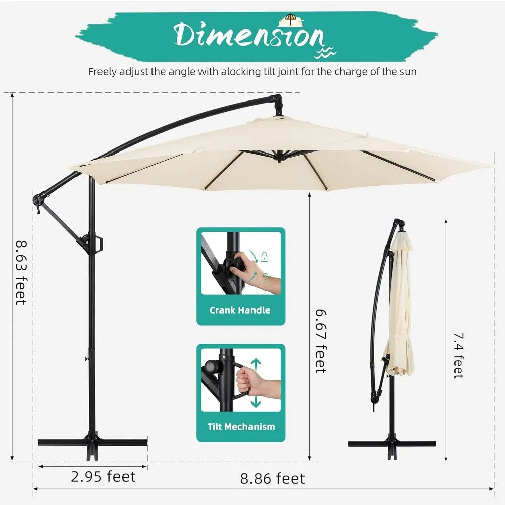 Patio Offset Umbrella w/Easy Tilt Adjustment,Crank and Cross Base, Outdoor Cantilever Hanging Umbrella with 8 Ribs