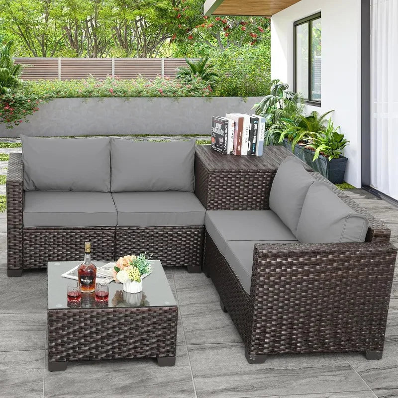 Valita Patio Furniture Set 4 Pieces Outdoor Brown Rattan Sectional Conversation Sofa Chair, Storage Box, Coffee Table