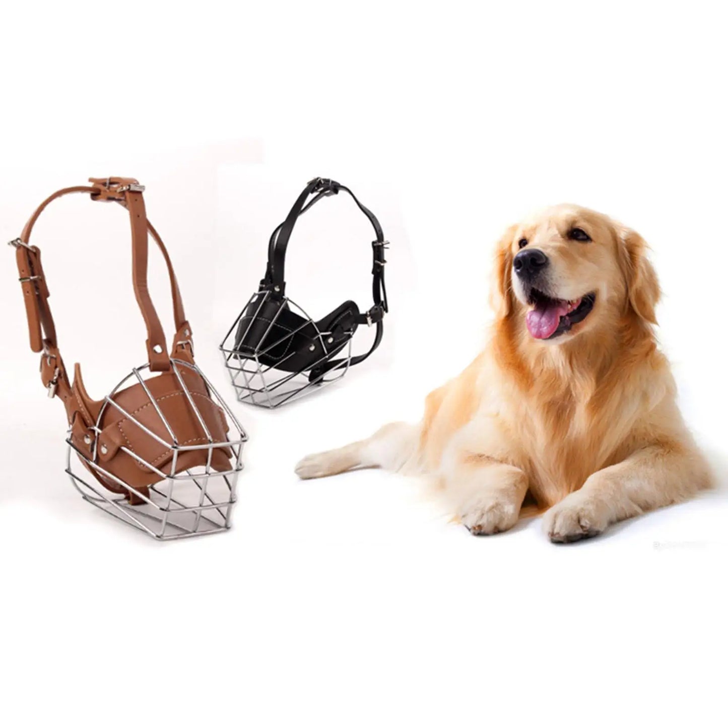 Pet Muzzle for Dog Adjustable PU Leather Straps Mouth Cover Breathable Metal