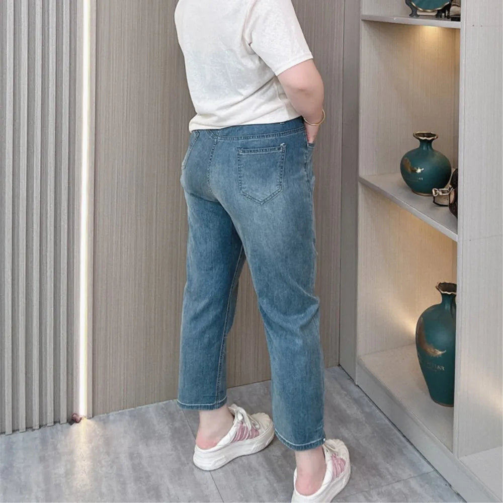 Dark Blue Jeans Women's Summer Plus Size Elastic Waist Loose Slimming Thin Casual Straight Ankle-Length Harem Pants