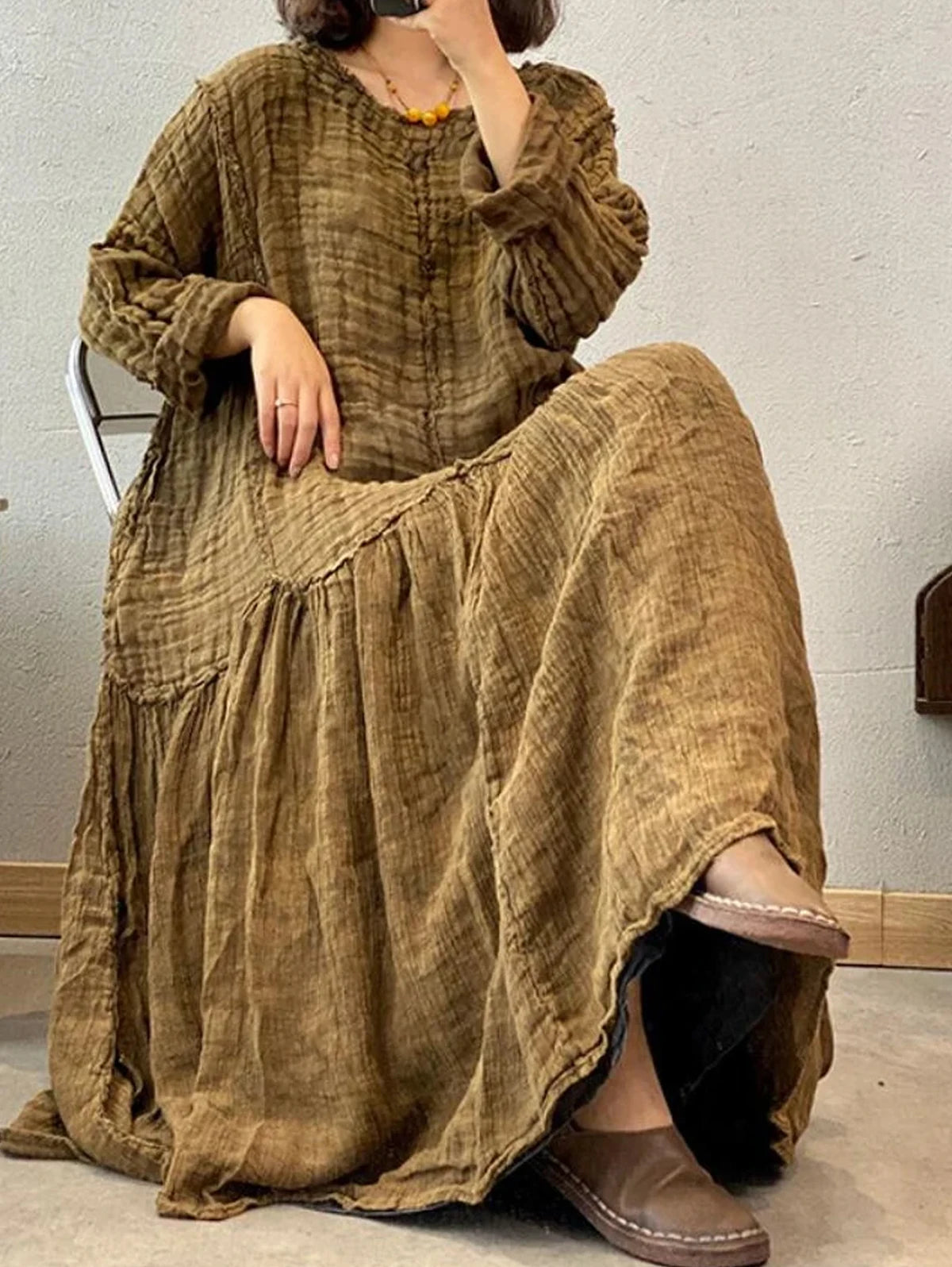 Summer Daily Long Dress Women O Neck Long Sleeve Maxi Vestido Elegant Folds Patchwork Raw Trim Loose Sundress Solid Robe Femme