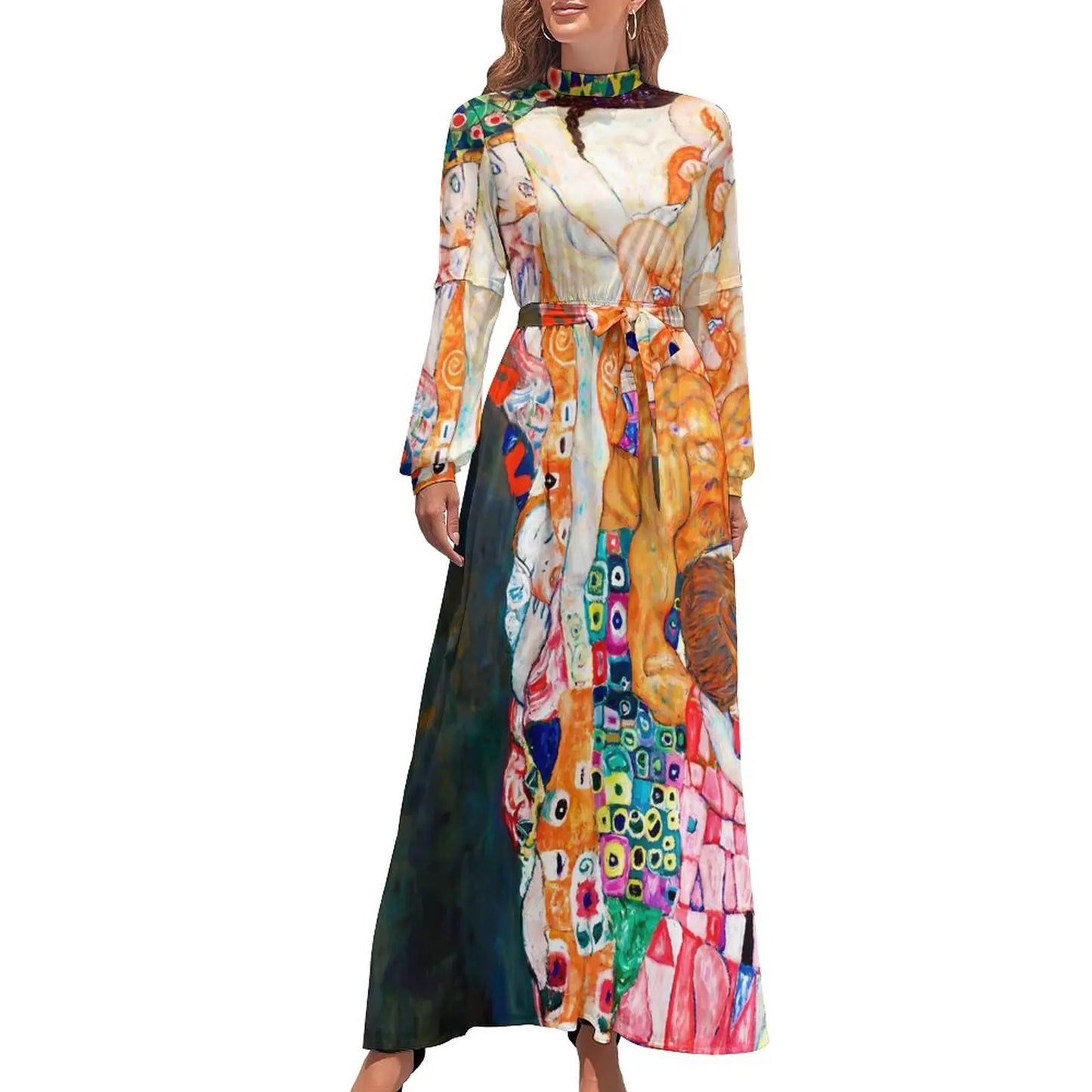 Klimt Art Dress High Neck Adele Gallery Custom Bohemia Dresses Long Sleeve Street Fashion Long Maxi Dress Cute Vestido