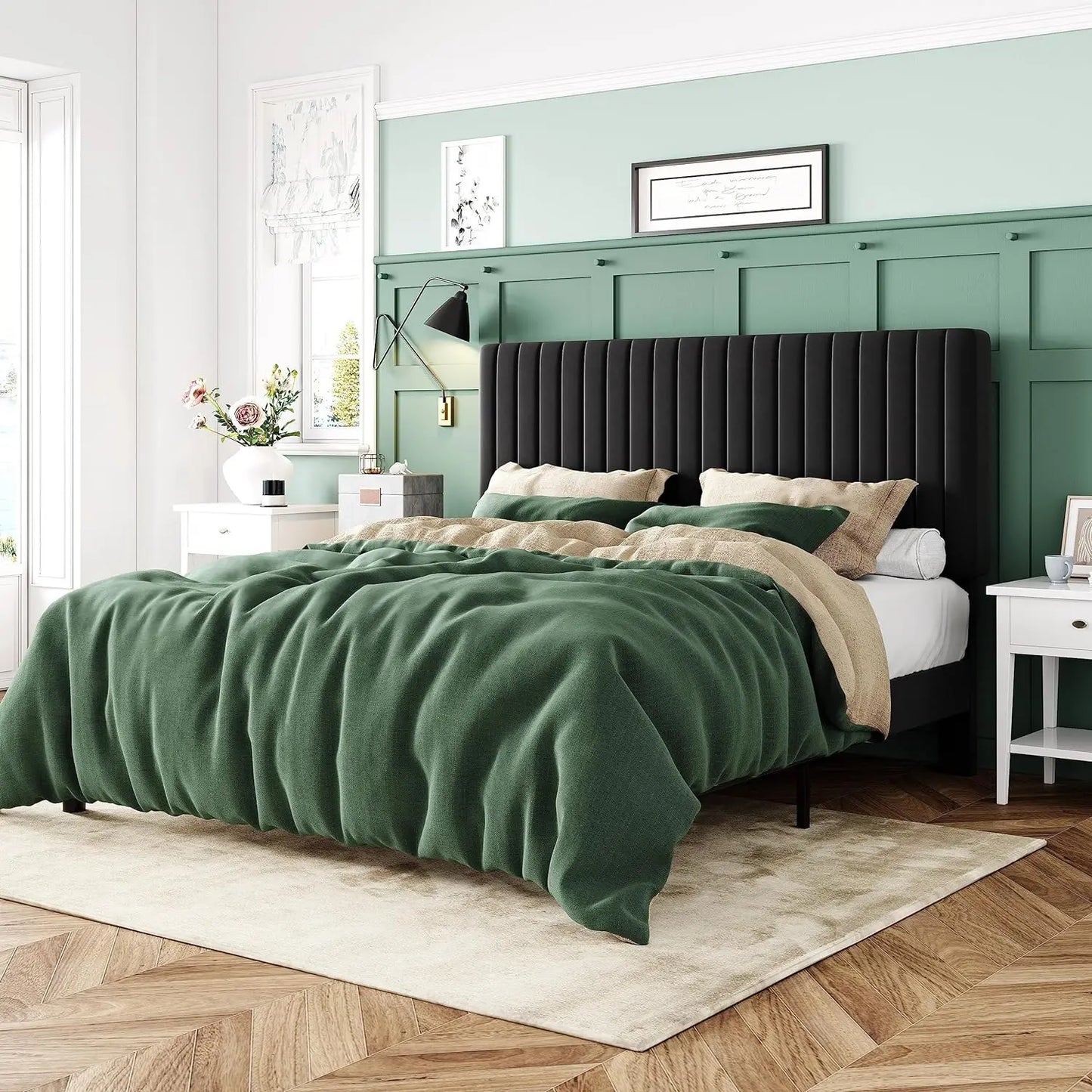 Queen Bed Frame, Velvet Upholstered Platform Bed with Adjustable Vertical Channel Tufted Headboard, Mattress Foundation