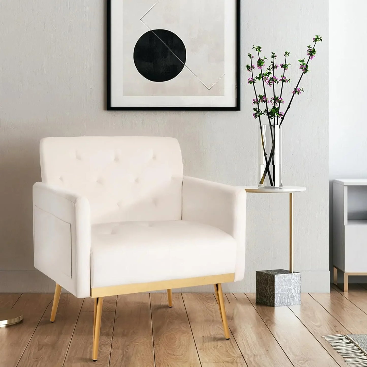 Velvet Accent Chair Set of 2 w/Gold Metal Legs, Mid Century Modern Reading Chair w/Side Pocke Single Sofa Armchair  1 Chair