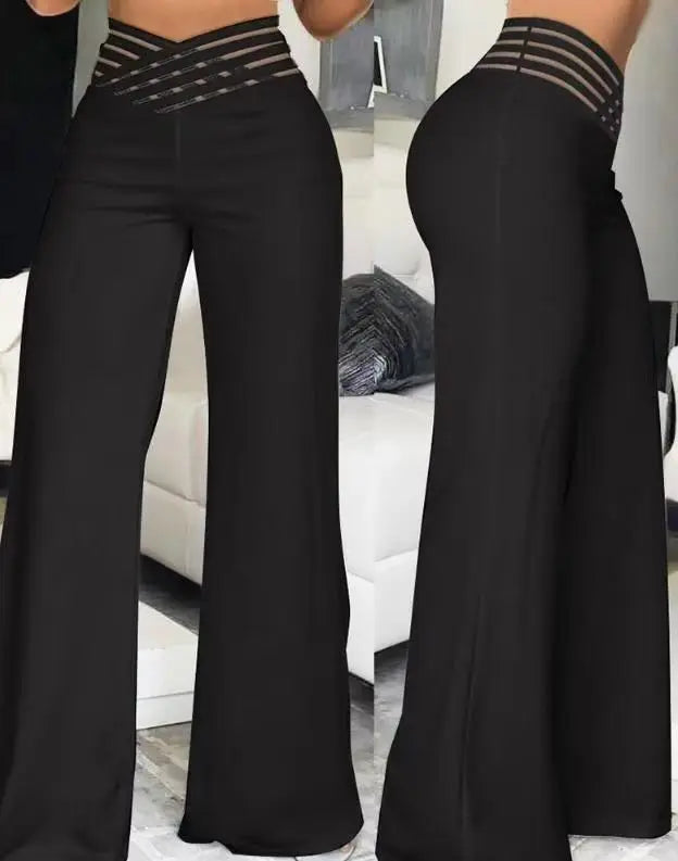 Elegant Wide Leg Fashion Office Trousers Casual Crisscross Sheer Mesh Patch High Waist Women's Flared Pants Y2k Streetwears 2024