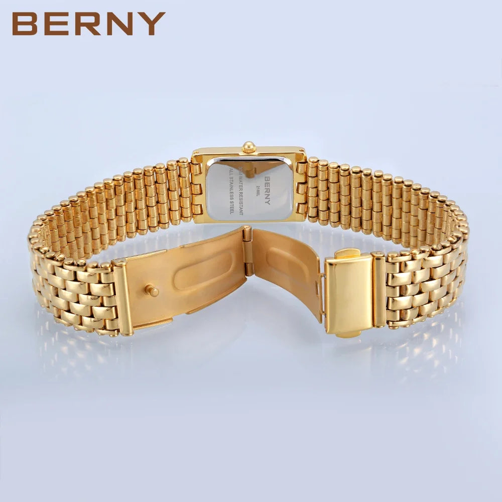 BERNY Quartz Watch for Women Glod Rectangle Luxury Waterproof  Female Clock Stainless Steel Classic Fashion Ladies WristWatch