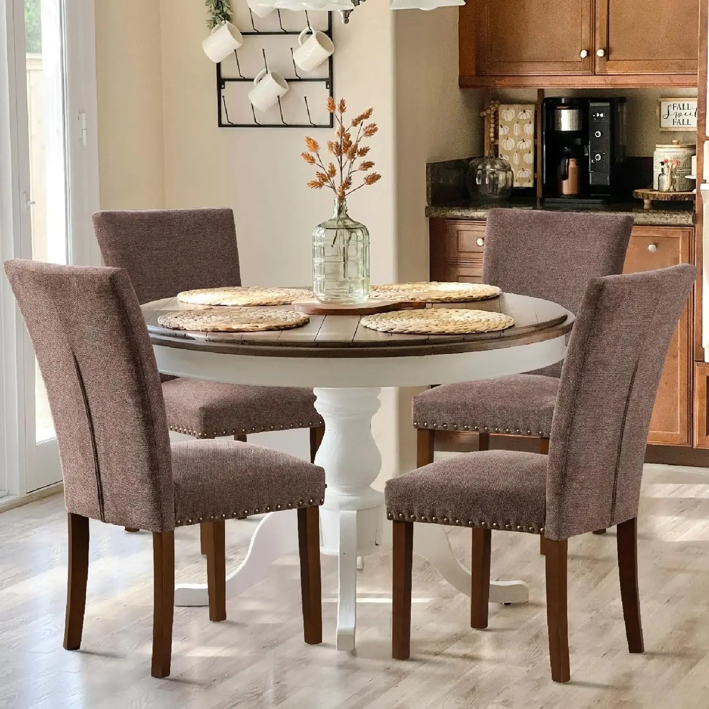 Dining Chair Set of 4 with Nailhead Trim, Wood Legs and Upholstered, Fabric Parsons Dining Chair