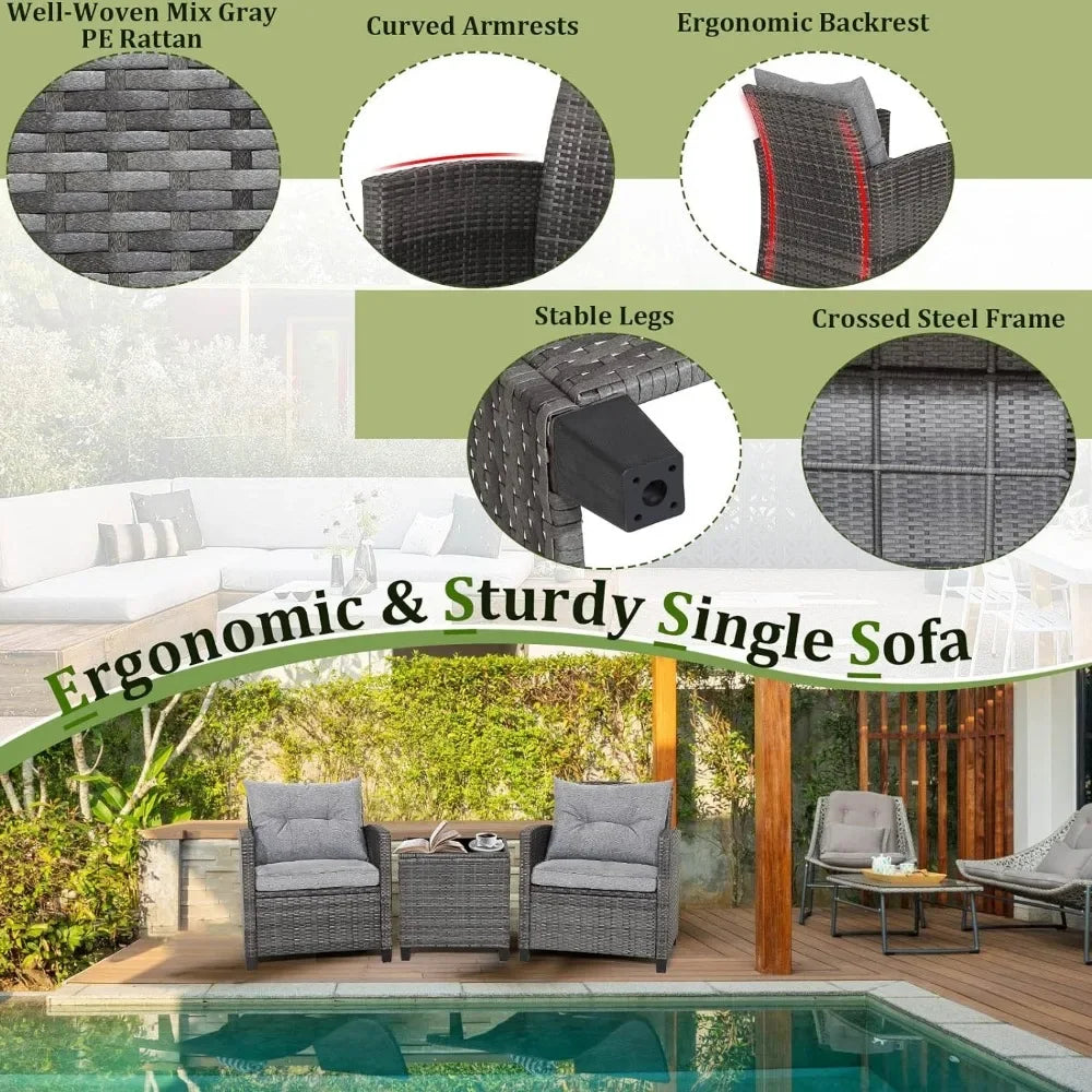 Patio Furniture Sets - 3 Pieces Rattan Sofa Set, Outdoor Conversation Set with Tempered Glass Tabletop, Outdoor Furniture Sets