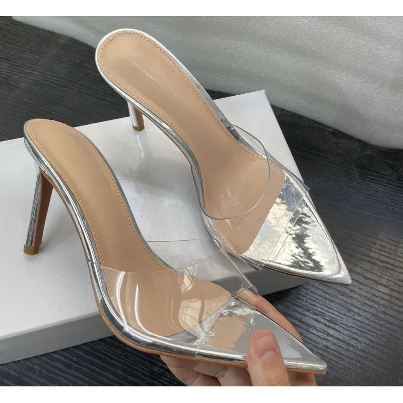 New Summer Women's High-heeled Sandals Simple Transparent High-heeled Slippers Stiletto Pointed Open-toed Slippers Mules